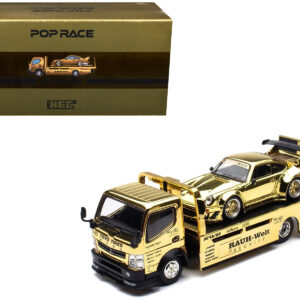 Nissan Pandem Fuso-300 Flatbed Truck RHD (Right Hand Drive) Gold Chrome and RWB 930 Gold Chrome with Graphics 2 Car Box Set "Hobby Expo China 2026" 1/64 Diecast Model Car by Pop Race