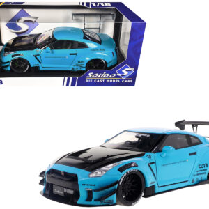 2023 Nissan GT-R (R35) Liberty Walk Body Kit 2.0 RHD (Right Hand Drive) Baby Blue with Carbon Hood 1/18 Diecast Model Car by Solido