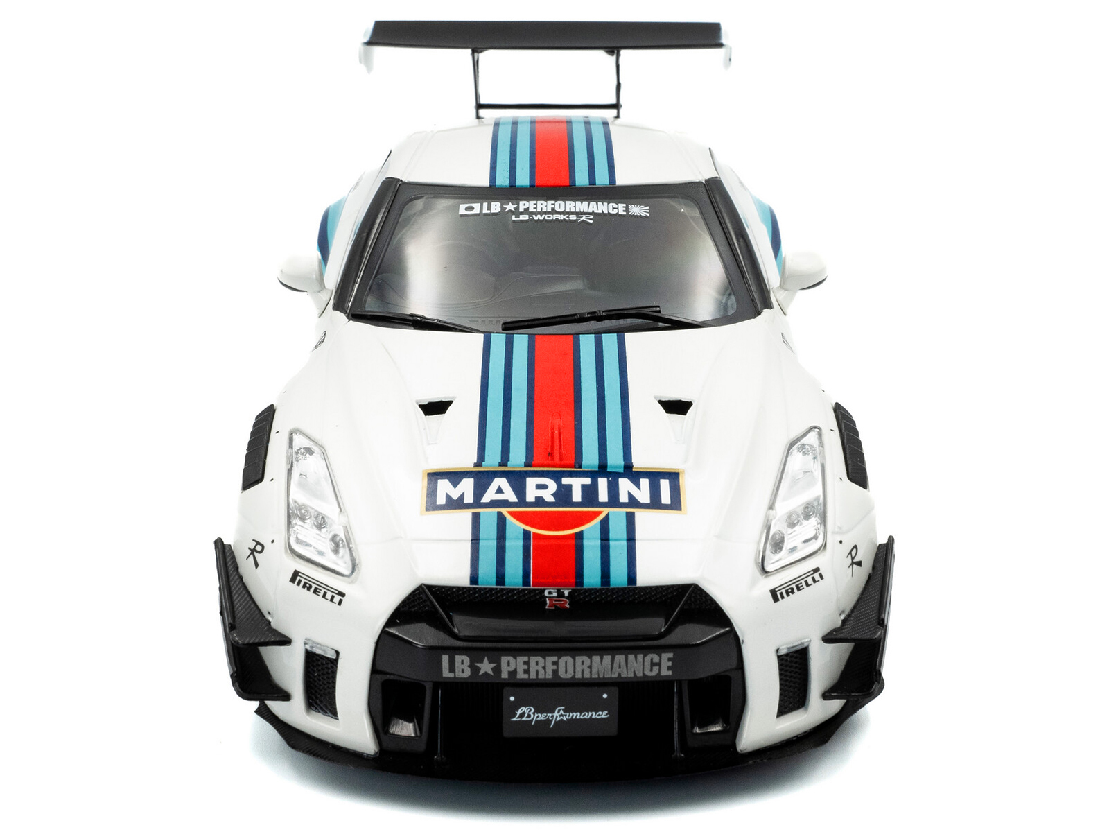 2024 Nissan GT-R (R35) RHD (Right Hand Drive) with Liberty Walk 2.0 Body Kit "Martini Racing" White with Stripes 1/18 Diecast Model Car by Solido - Image 5