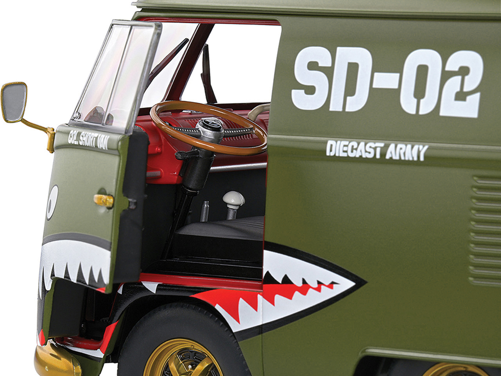 1950 Volkswagen Kool Kombi Van with Trailer "Army Fighter" Green with Graphics 1/18 Diecast Model Car by Solido - Image 2