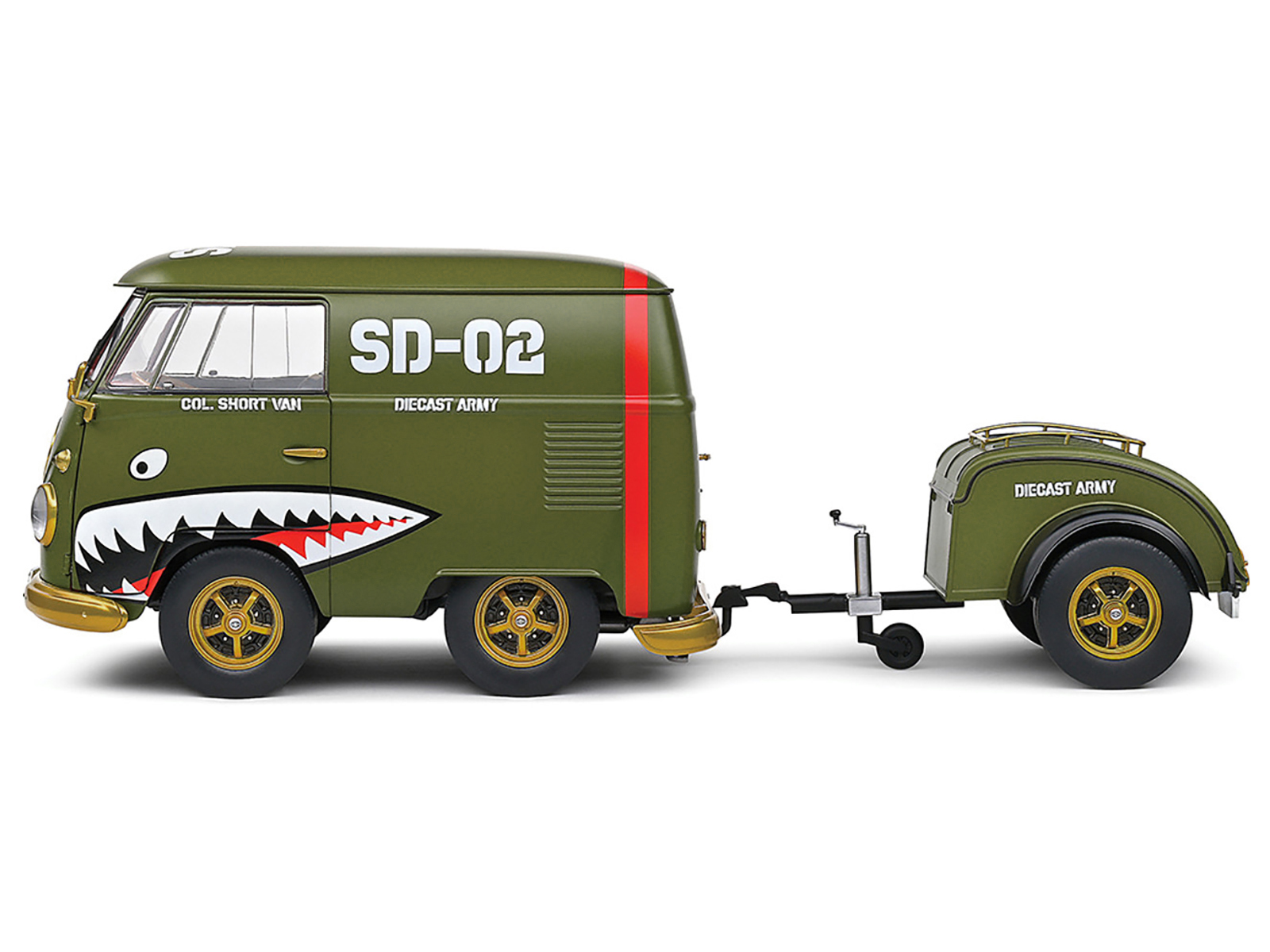 1950 Volkswagen Kool Kombi Van with Trailer "Army Fighter" Green with Graphics 1/18 Diecast Model Car by Solido - Image 3