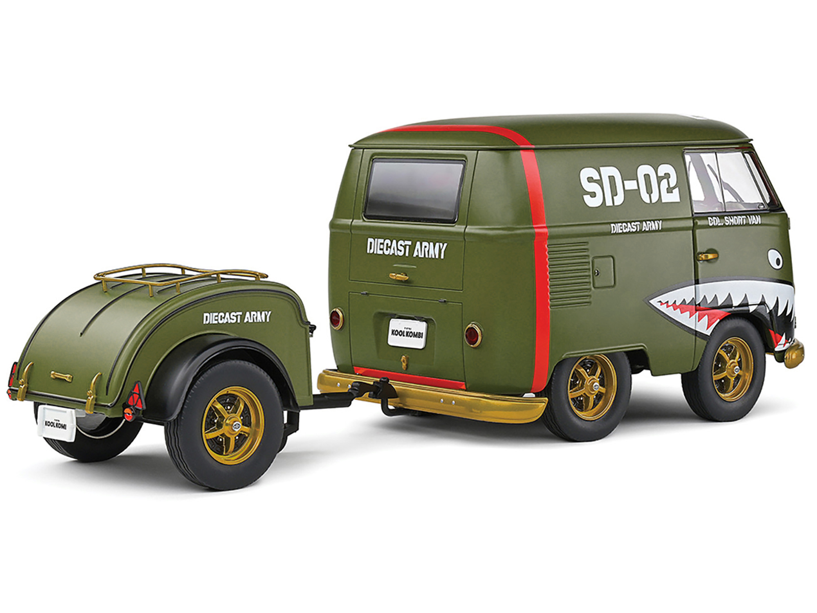 1950 Volkswagen Kool Kombi Van with Trailer "Army Fighter" Green with Graphics 1/18 Diecast Model Car by Solido - Image 5