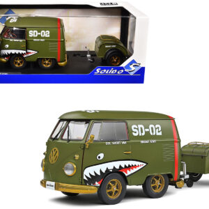 1950 Volkswagen Kool Kombi Van with Trailer "Army Fighter" Green with Graphics 1/18 Diecast Model Car by Solido