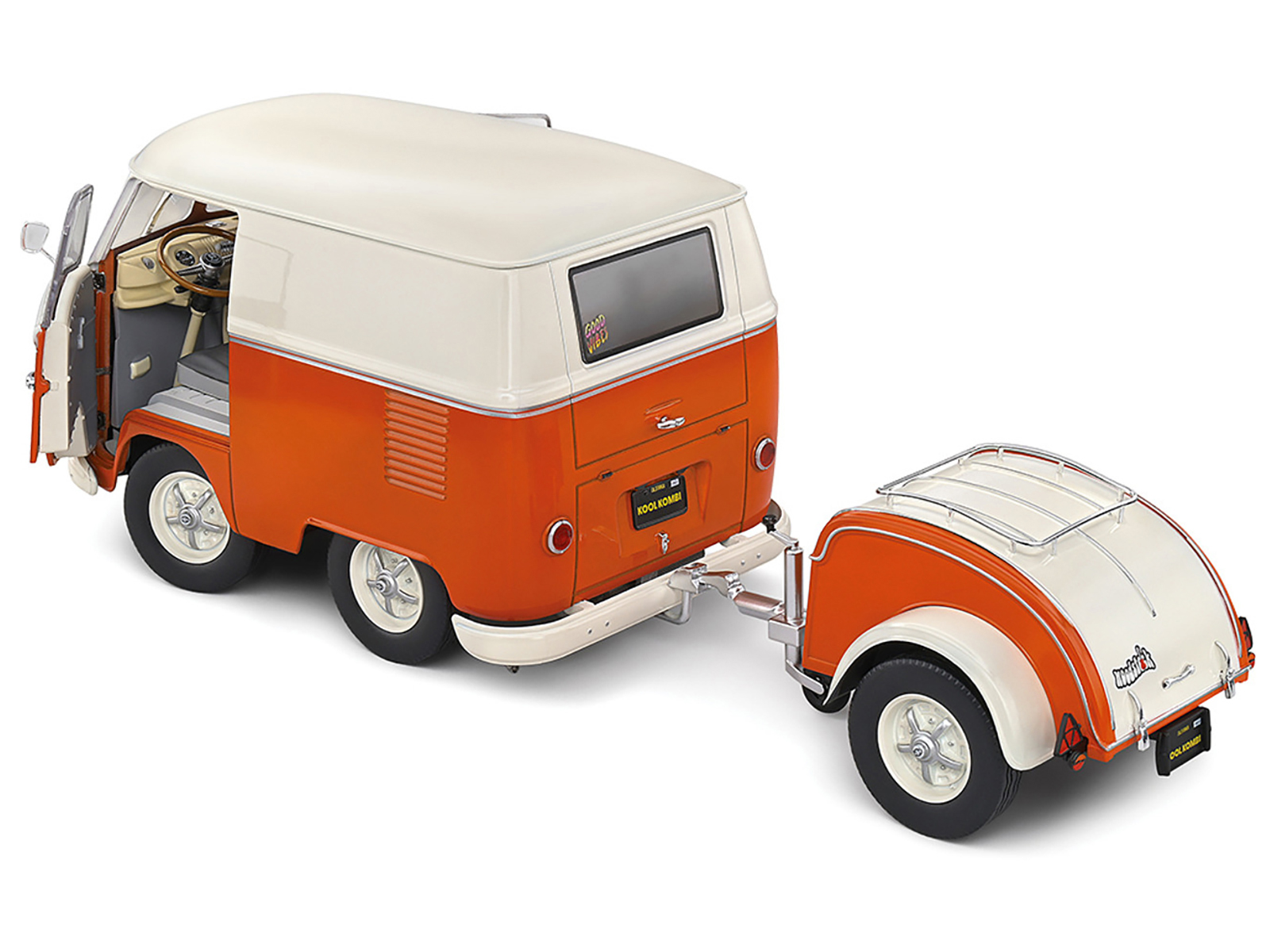 1950 Volkswagen Kool Kombi Van with Trailer Orange and White 1/18 Diecast Model Car by Solido - Image 4