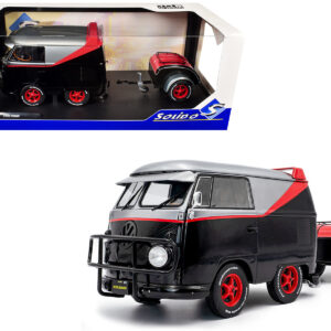 2024 Volkswagen Kool Kombi Sport Van with Trailer Black and Silver with Red Stripe 1/18 Diecast Model Car by Solido