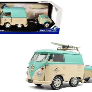 2024 Volkswagen Cool Combi Van with Trailer "Long Beach Surfing Club" Mint Green and Cream with Roof Rack and Surfboard 1/18 Diecast Model Car by Solido