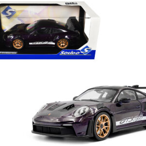 2024 Porsche 911 GT3 RS Weissach Package Viola Purple Metallic with Carbon Hood Stripes and Top 1/18 Diecast Model Car by Solido