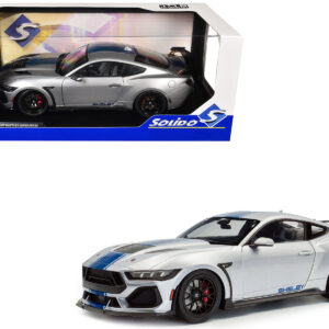 2024 Ford Shelby Mustang Super Snake Gray Metallic with Blue Stripes 1/18 Diecast Model Car by Solido