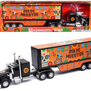 Kenworth W900 Truck Black with Graphics and Dry Van Trailer "Dia De Muertos" 1/32 Diecast Model by New Ray