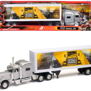Peterbilt 389 Truck Silver Metallic with Dry Van Trailer "Trucker Keep The World Running" "Long Haul Truckers" Series 1/32 Diecast Model by New Ray