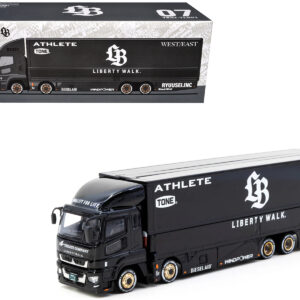 Mitsubishi Fuso Super Great Truck RHD (Right Hand Drive) with Transporter "Liberty Walk" Black "Truck64" Series 1/64 Diecast Model Car by Tarmac Works