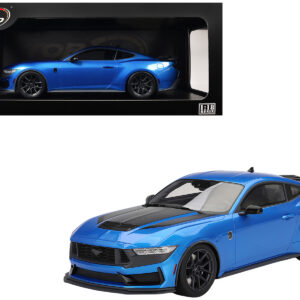 2024 Ford Mustang Dark Horse Grabber Blue Metallic with Black Hood Stripes 1/18 Model Car by Top Speed