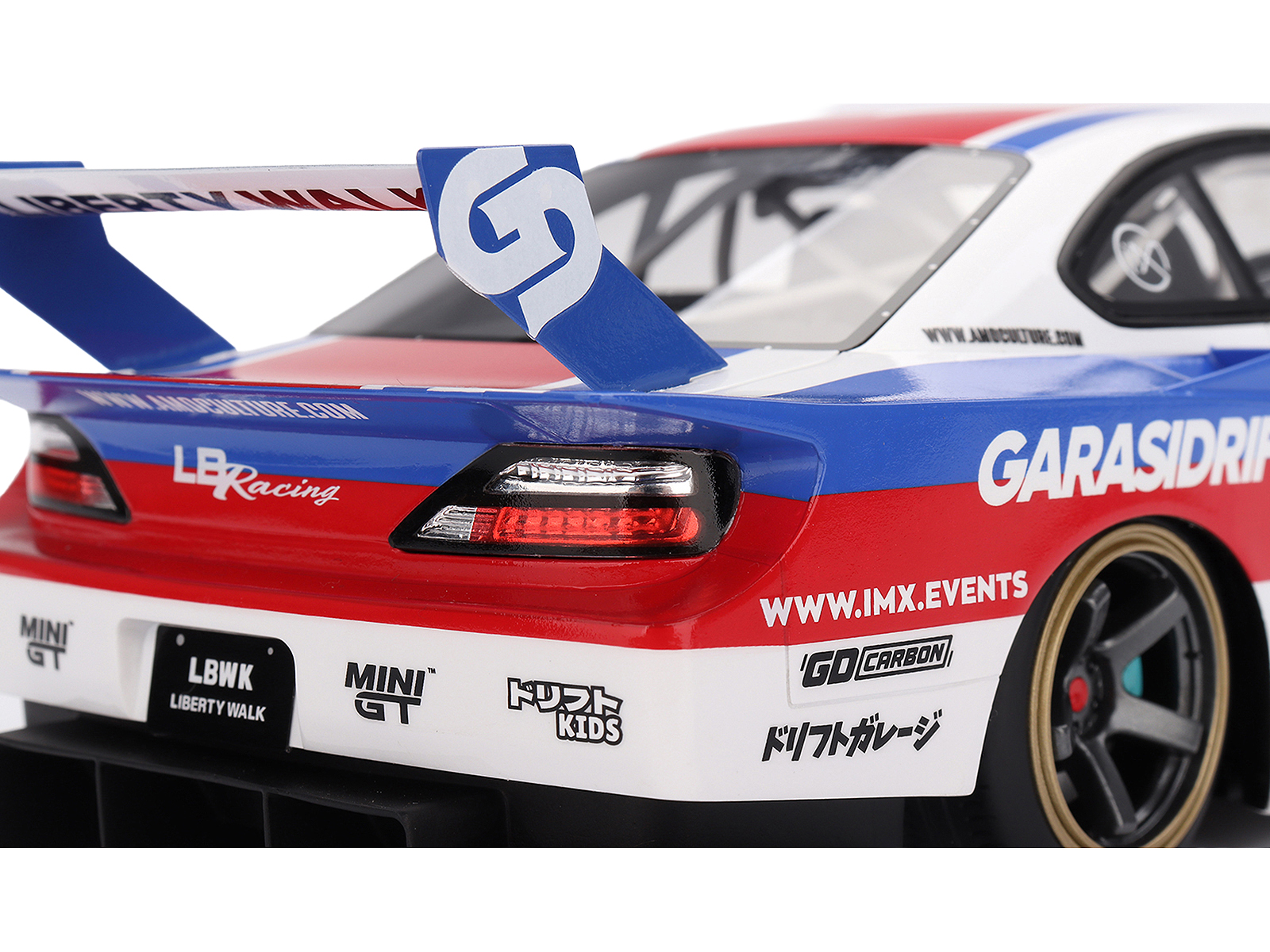 Nissan "LB-Super Silhouette" S15 SILVIA RHD (Right Hand Drive) #12 "GARASIDRIFT" White with Red and Blue Graphics 1/18 Model Car by Top Speed - Image 3