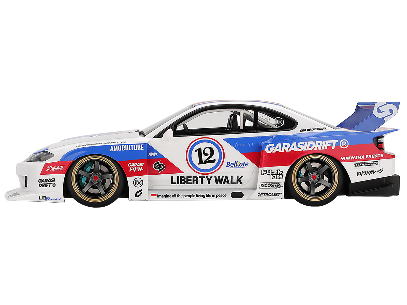 Nissan "LB-Super Silhouette" S15 SILVIA RHD (Right Hand Drive) #12 "GARASIDRIFT" White with Red and Blue Graphics 1/18 Model Car by Top Speed - Image 4