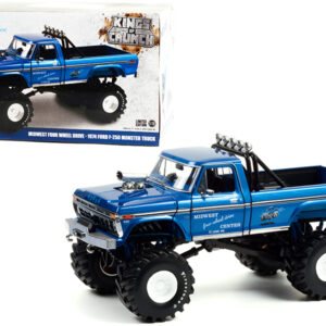 1974 Ford F-250 Ranger XLT Monster Truck with 48-Inch Tires Blue Metallic "Midwest Four Wheel Drive Center" "Kings of Crunch" Series 1/18 Diecast Model Car by Greenlight