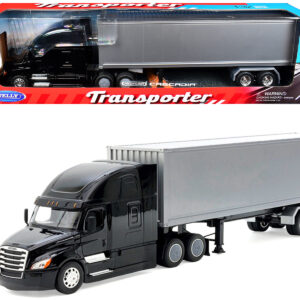 Freightliner Cascadia Truck Black with Silver Container "Transporter" Series 1/32 Diecast Model by Welly