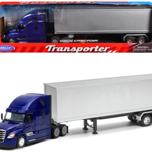 Freightliner Cascadia Truck Blue Metallic with Gray Container "Transporter" Series 1/32 Diecast Model by Welly
