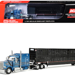 Peterbilt 589 with 72" Mid-Roof Sleeper and Wilson Silverstar Livestock Trailer Bright Blue with Black Stripes and Trailer 1/64 Diecast Model by DCP/First Gear