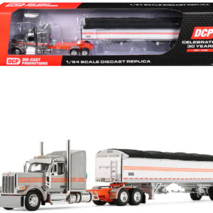 Peterbilt 589 with 58" Mid-Roof Sleeper and 50' Wilson Pacesetter Grain Trailer Silver Metallic with Orange Stripes 1/64 Diecast Model by DCP/First Gear