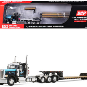 Peterbilt 589 Day Cab and Fontaine Renegade LXT40 Lowboy Trailer with Fliptail "Cappello Heavy Transport" Black with Light Blue Hood 1/64 Diecast Model by DCP/First Gear