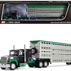 Ford LTL 9000 with 60" Flat Top Sleeper and 45' Wilson Vintage Livestock Trailer Black and Green 1/64 Diecast Model by DCP/First Gear