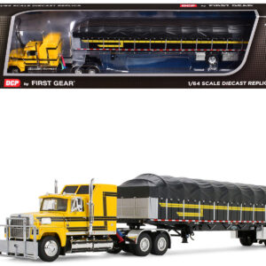 Ford LTL 9000 with 60" Aerodyne Sleeper and 53' Wilson Roadbrute Flatbed Trailer with Covered Wagon Yellow with Black Stripes 1/64 Diecast Model by DCP/First Gear