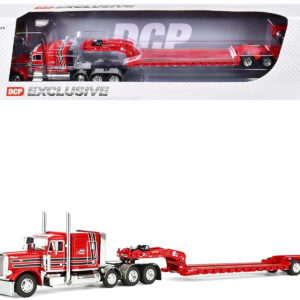 Peterbilt 379 with 63" Flat Top Sleeper and Fontaine Magnitude Lowboy Trailer with Fliptail "Anty Trucking & Rigging" Red with Black Stripes 1/64 Diecast Model by DCP/First Gear