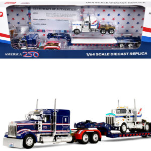 Kenworth W900L with 72" Aerocab Flat Top Sleeper Blue with White Stripes and Fontaine Magnitude Lowboy Trailer with Kenworth W900A Load White with Blue and Red Stripes "America 250" 1/64 Diecast Model by DCP/First Gear