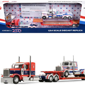 Peterbilt 589 with 44" Flat Top Sleeper Red with Blue Stripes and Fontaine Renegade LXT40 Lowboy Trailer with Peterbilt 359 Load White with Blue and Red Stripes "America 250" 1/64 Diecast Model by DCP/First Gear
