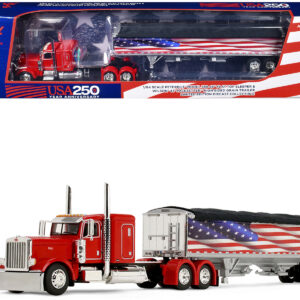 Peterbilt 389 with 48" Flat Top Sleeper and 43' Wilson Pacesetter High Side Grain Trailer "Wilson USA 250" Red 1/64 Diecast Model by DCP/First Gear