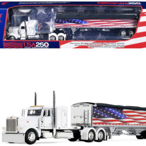 Peterbilt 389 with 48" Flat Top Sleeper and 43' Wilson Pacesetter High Side Grain Trailer "Wilson USA 250" White 1/64 Diecast Model by DCP/First Gear