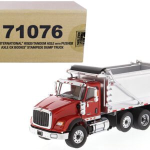 International HX620 Tandem Axle with Pusher Axle OX Stampede Dump Truck Red and Chrome "Transport Series" 1/50 Diecast Model by Diecast Masters