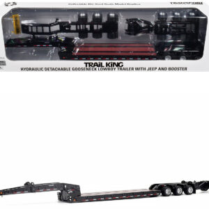 Trail King TK170 Hydraulic Detachable Gooseneck Lowboy Trailer Black with Jeep and Booster "Transport Series" 1/64 Diecast Model by Diecast Masters