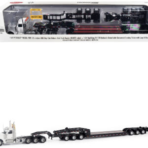 Peterbilt 589 Tridem-Axle Truck Tractor with Day Cab and Trail King TK170 Hydraulic Detachable Gooseneck Lowboy Trailer with Jeep and Booster White "Transport Series" 1/64 Diecast Model by Diecast Masters
