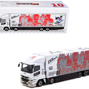 Mitsubishi Fuso Super Great Truck with Transporter "EVA Racing" White with Graphics "Truck64" Series 1/64 Diecast Model Car by Tarmac Works