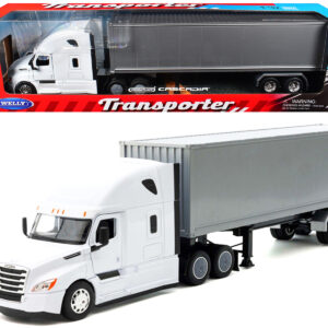 Freightliner Cascadia Truck White with Gray Container "Transporter" Series 1/32 Diecast Model by Welly