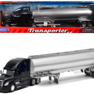 Freightliner Cascadia Truck Black with Silver Tanker Trailer "Transporter" Series 1/32 Diecast Model by Welly