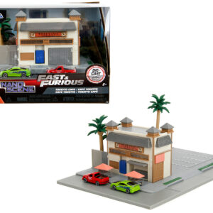 Toretto Cafe Diorama with Mitsubishi Eclipse Green and Ford F-150 SVT Lightning Red "Fast and Furious" "Nano Scene" Series Model by Jada
