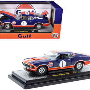 1970 Ford Mustang Custom #1 "Gulf Oil" Dark Blue with Orange Graphics Limited Edition to 7850 pieces Worldwide 1/24 Diecast Model Car by M2 Machines