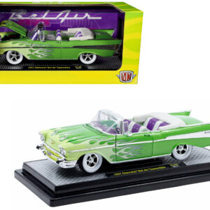 1957 Chevrolet Bel Air Convertible Green Metallic with Flame Graphics and Purple and White Interior Limited Edition to 4050 pieces Worldwide 1/24 Diecast Model Car by M2 Machines