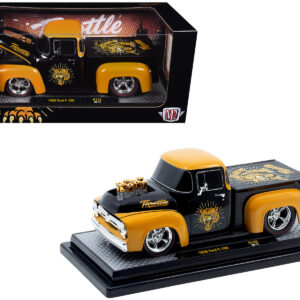 1956 Ford F-100 Pickup Truck "Throttle" Black with Brown Top and Fenders with Graphics Limited Edition to 6250 pieces Worldwide 1/24 Diecast Model Car by M2 Machines