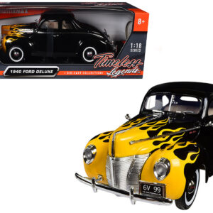 1940 Ford Deluxe Black with Yellow Flames "Timeless Classics" 1/18 Diecast Model Car by Motormax