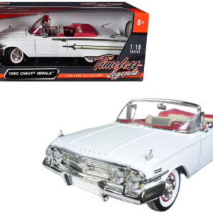 1960 Chevrolet Impala Convertible White with Red Interior 1/18 Diecast Model Car by Motormax