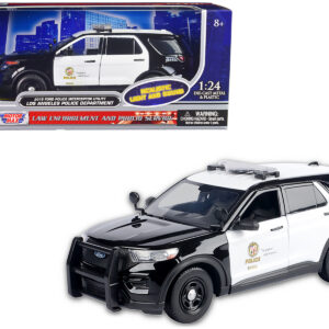 2015 Ford Police Interceptor Utility Black and White "Los Angeles Police Department (LAPD)" with Flashing Light Bar and Front and Rear Lights and Sounds 1/24 Diecast Model Car by Motormax
