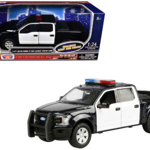2019 Ford F-150 Lariat Crew Cab Pickup Truck Black and White with Flashing Light Bar and Front and Rear Lights and Sounds 1/27 Diecast Model Car by Motormax