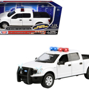 2019 Ford F-150 Lariat Crew Cab Pickup Truck White with Flashing Light Bar and Front and Rear Lights and Sounds 1/27 Diecast Model Car by Motormax