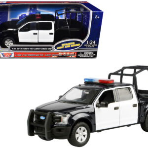 2019 Ford F-150 Lariat Crew Cab Pickup Truck with Bed Cage Black and White with Flashing Light Bar and Front and Rear Lights and Sounds 1/27 Diecast Model Car by Motormax
