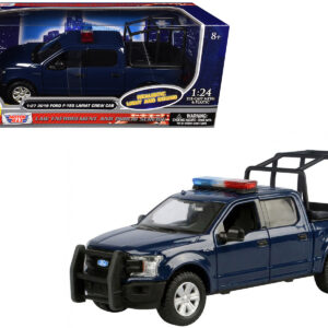 2019 Ford F-150 Lariat Crew Cab Pickup Truck with Bed Cage Dark Blue with Flashing Light Bar and Front and Rear Lights and Sounds 1/27 Diecast Model Car by Motormax