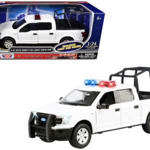 2019 Ford F-150 Lariat Crew Cab Pickup Truck with Bed Cage White with Flashing Light Bar and Front and Rear Lights and Sounds 1/27 Diecast Model Car by Motormax