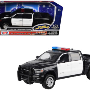 2019 RAM 1500 Laramie Crew Cab Pickup Truck Black and White with Flashing Light Bar and Front and Rear Lights and Sounds 1/27 Diecast Model Car by Motormax